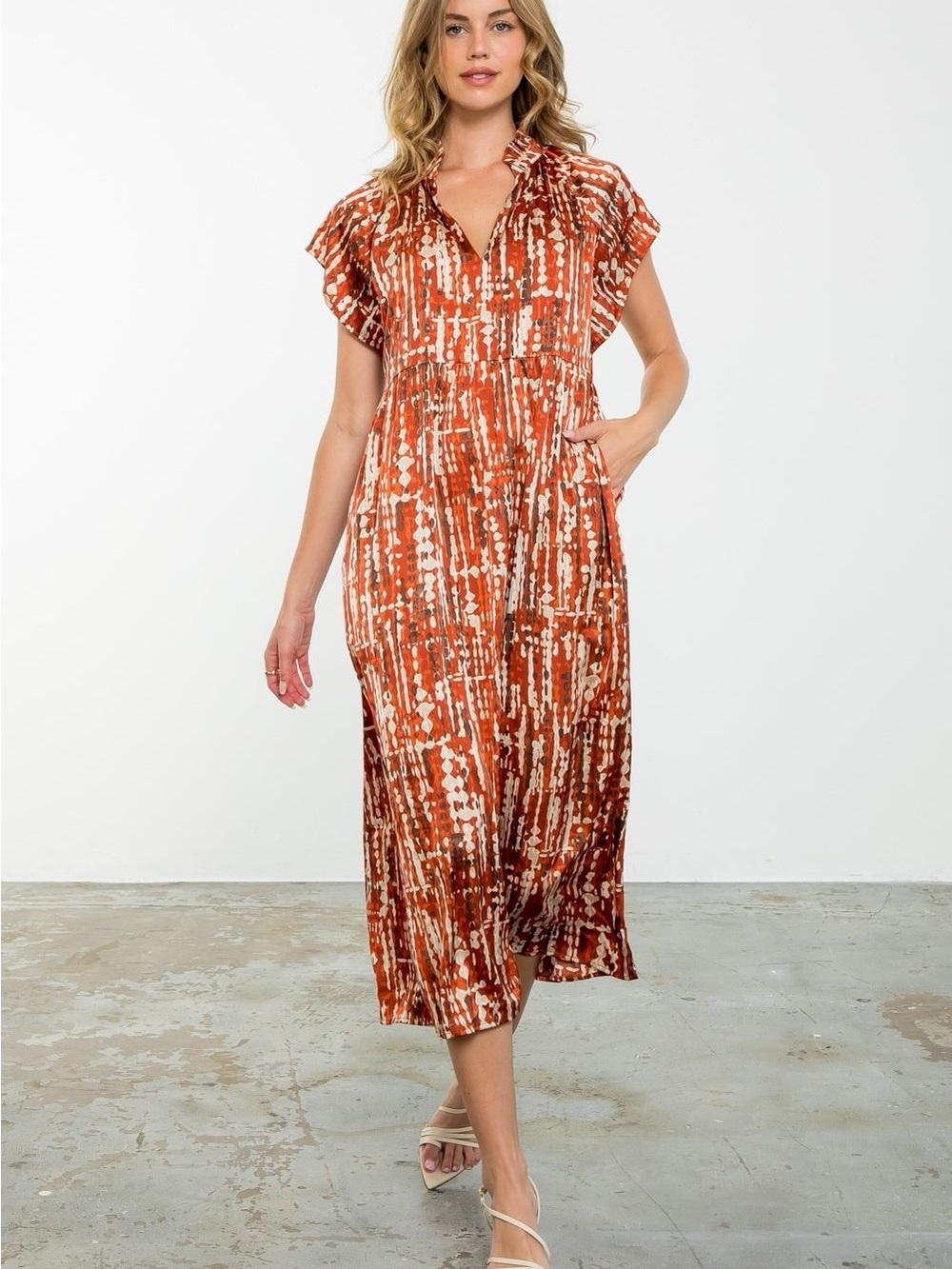 Rust Printed Midi Dress with Ruffle Sleeves